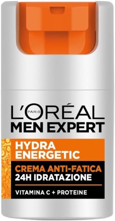L'Oréal Paris Men Expert Crema Idratante Anti-Fatica Uomo, Pelle Rivitalizzata, Levigata e Idratata, Occhiaie e Rughe Sottili Ridotte, Arricchita con Proteine e Vitamina C, Hydra Energetic, 50 ml