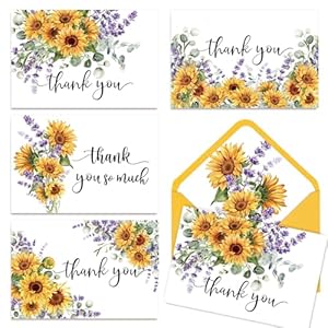 Whaline 36 Packs Sunflower Thank You Cards Spring Summer Flower Greeting Cards Floral Blank Note Cards with Envelopes and Stickers for Wedding Birthday Baby Shower Party, 4 x 6 Inch