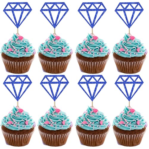 Rsstarxi 24 Pack Diamond Cupcake Toppers Glitter Diamond Cupcake Picks for Bridal Shower Engagement Wedding Anniversary Birthday Party Cake Decorations Supplies Blue