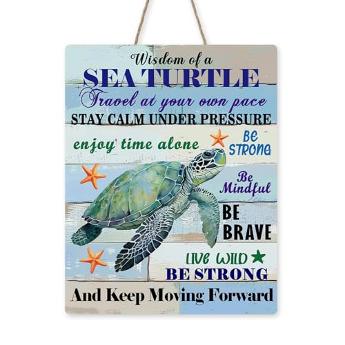Bolisom Wisdom of a Sea Turtle Inspirational Front Door Sign, Coastal Beach Wooden Hanger Outdoor Outside Home Decor Gifts for Turtle Lovers, Nautical Farmhouse Wreath Indoor Wall Hanging Decoration