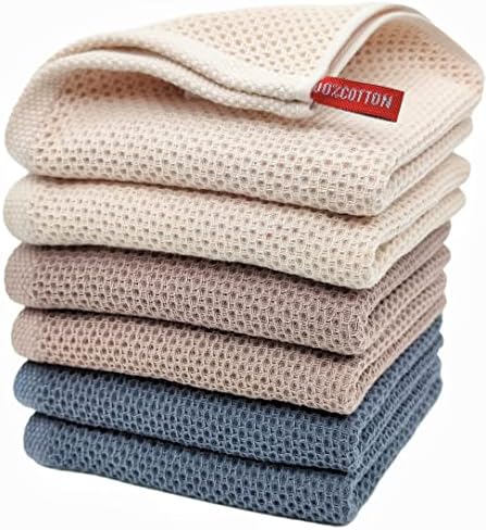 ANEWAY Kitchen Hand Towels 100% Cotton Waffle Weave Dish Towel for Cleaning Drying - Extra Absorbent and Soft - 13 x 28 inch (Beige+Dark Grey+Brown-6 Pack)
