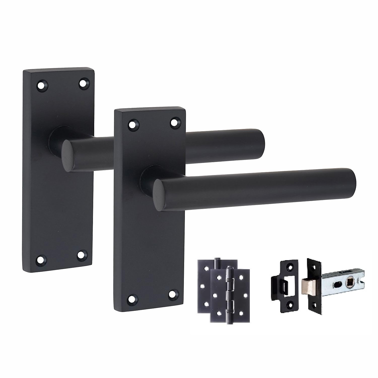 Golden Grace 1 Set of Victorian Straight T-Bar Handle Latch Door Handles Matt Black with 1 Pair of 3" Ball Bearing Hinges & Latches Pack Sets 120mm x 40mm Backplate