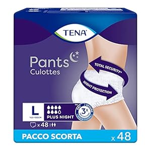 Tena Pants Plus Night, maat L (L), korte verpakking – absorberend, elastisch en wegwerpbroek, voor urinaria, uniseks, discreet en comfortabel, 4 verpakkingen x 12 stuks