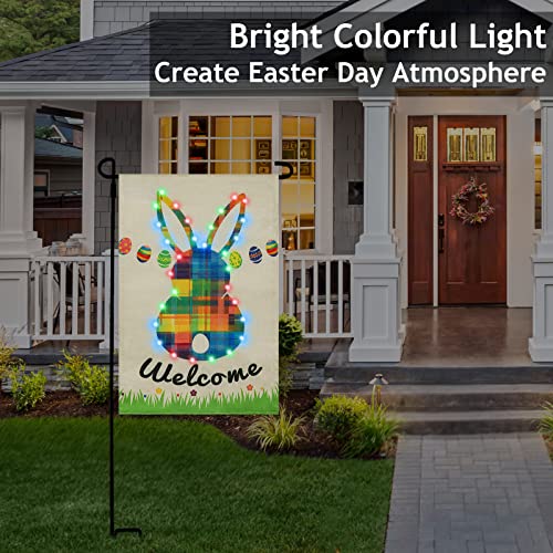 Easter Garden Flag With Colorful Lights - Easter Welcome Garden Flag With Patent Led String Lights - Double Sided Bunny Flag For Outdoor Farmhouse Spring Easter Yard/ Lawn Decoration - 12X18 Inch #TOP1