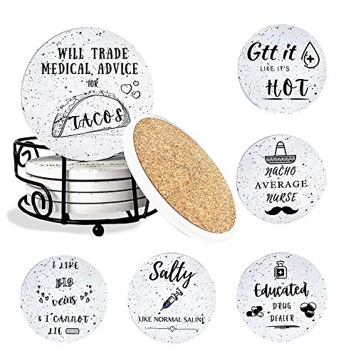 KCT Store Nurse Gifts - Absorbent Ceramic Coasters with Cork Base - Nurse Gifts for Women or Men - Holder Included (Funny)