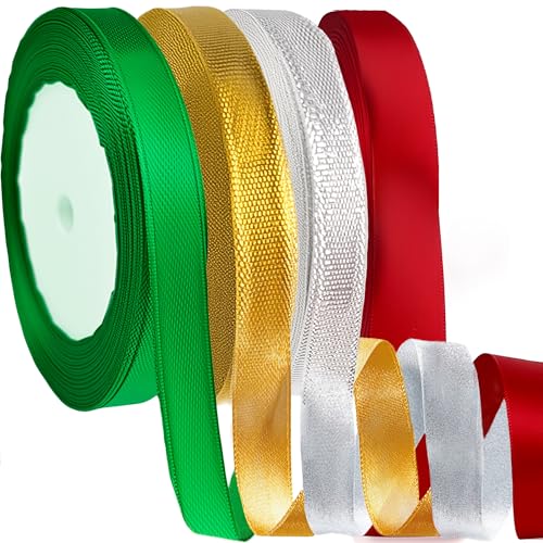 4 Rolls Christmas Ribbons for Gift Wrapping - Xmas Ribbons for Gift Bags - Xmas Gifts for Women Men Mom - Christmas Wrapping Paper - Christmas Decorations,Stocking Stuffers for Adults,100 Yards