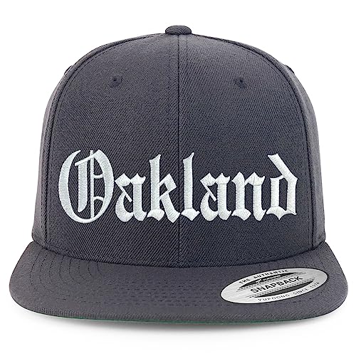 Trendy Apparel Shop Old English Font Oakland City Embroidered Flat Bill Cap - Charcoal