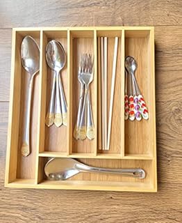 Bamboo Cutlery Organizer Tray Utensil Holder 6 Compartments Wood Drawer Storage. Large Size for , Knife , Forks , spoons