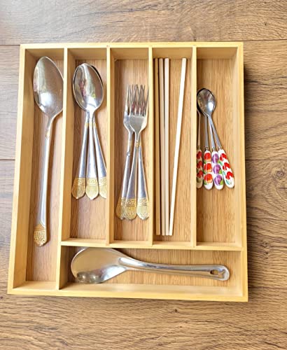 Range-couverts en bambou avec 6 compartiments et tiroir en bois Grande taille pour couteaux, fourchettes, cuillères Cover