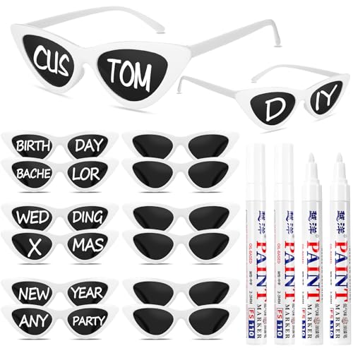Image of Flutesan 12 Pcs Wedding Personalised Sunglasses Bulk Custom Cat Eye Sunglasses with 4 Paint Pens for DIY Custom Party Favors