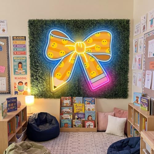 Woanger Pencil Bow Neon Sign for Classroom Reading Corner Decor