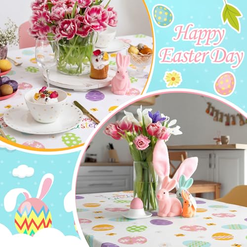 Image of Hahafelt 3 Pcs Spring Easter Plastic Round Tablecloth 84 Inch Colorful Egg Disposable Table Cover Pastel Bunny Flower Watercolor Egg Circular Table Cloth for Spring Easter Birthday Party Decoration