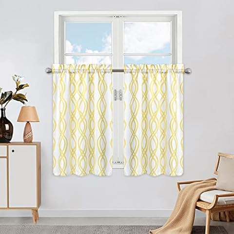 HOMERRY Geometric Kitchen Curtains Set of 2 Short Tier Curtains Small Cafe Curtains Window Treatment Sets Rustic Window Treatment for Bedroom, 26" W x 30" L, Yellow Cover