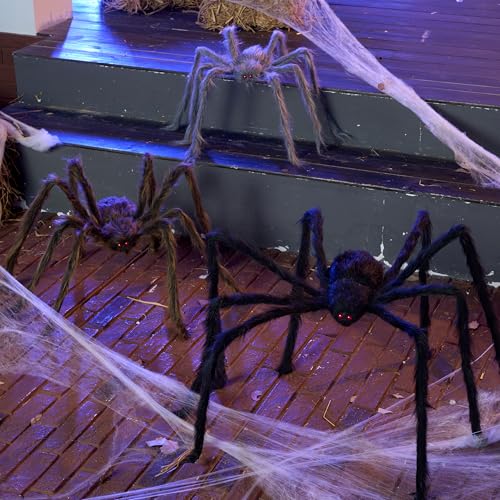 Image of JOYIN 3 Pcs Halloween Spiders Outdoor Decoration, Halloween Decor Outside, Fake Hairy Giant Spiders for Yard Lawn Porch Decor Indoor Haunted House Scary Prop (59″Black, 47″ Brown, 35″ Grey)