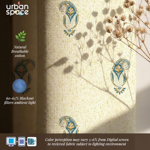 Image of Urban Space 100% Cotton Floral Curtains 7 feet Long Set of 2, 60-65% Room Darkening, Decorative Curtains with Eyelets /Rings for Hanging, Tieback Included (Jaipur Paisley Teal, Door - 7 Feet)