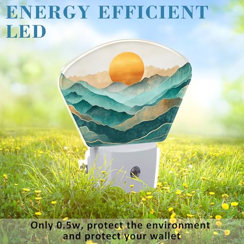 Image of Abstract Golden Sun Plug in Night Lights, Green Mountains Nightlight Plug Into Wall Dusk to Dawn Sensor for Kid Girls Boys Women Men Room, Hallway, Kitchen, Bathroom, Stairs Decor