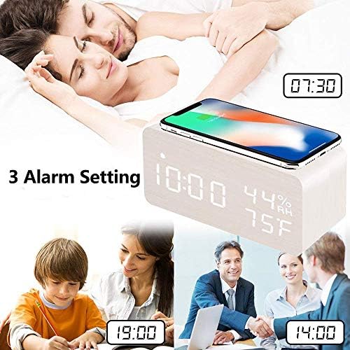 JALL Wooden Digital Alarm Clock with Wireless Charging, 3 Alarms LED Display, Sound Control and Snooze Dual for Bedroom, Bedside, Desk, Office, White