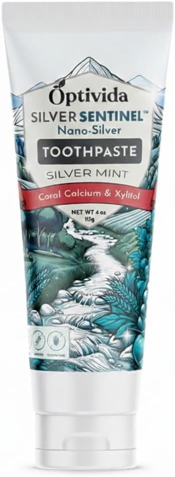 Optivida (Fluoride Free) Colloidal Silver (20ppm) Infused Xylitol Toothpaste for Adults & Kids. Anti-Cavity*, Anti-Plaque* Coral Toothpaste with Spearmint oil for Gum Health & Teeth whitening - 4oz