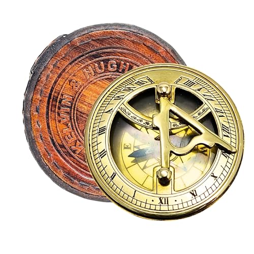 DA ANCEIN Antique Brass Sundial Compass with Leather Box - Vintage Nautical Navigation Tool by 3 inches