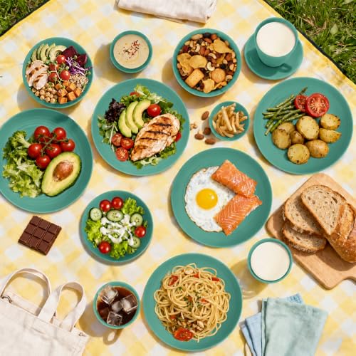Image of Unbreakable Wheat Straw Dinnerware Set 16 PCS - Kids Plates and Bowls Set for 4,Dishwasher & Microwave Safe Lightweight Toddler Plates and Bowls Set for Party Camping Kitchen - Green