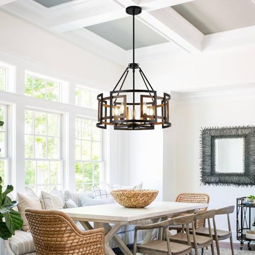 20" Dining Room Light Fixture/Chandelier Over Table, 5-Light Black & Wood Grain Farmhouse Chandeliers for Dining Room, Industrial Metal Hanging Pendant Lights Fixture for Kitchen Island Foyer Entryway by YUEXCDShome - Used condition - Image 8