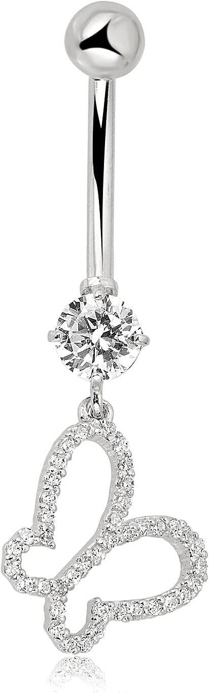 AVORA 10K Gold Simulated Diamond CZ Dangling Open Butterfly Belly Button Ring Body Jewelry (14 Gauge)