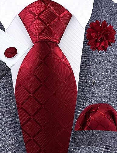 Image of GUSLESON 3.15 inch（8cm） Mens Tie and Lapel Pin Plaid Checkered Necktie Hankerchief Cufflinks Set for Men