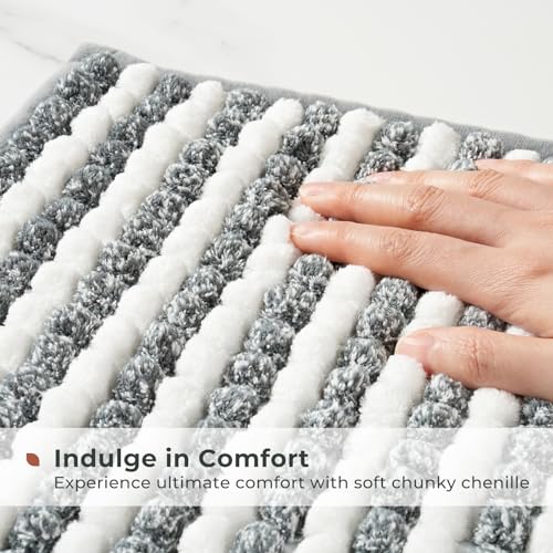 FRESHMINT Chunky Ombre Chenille Bathroom Rug 20"x32", Water Absorbent Soft Bath Rugs for Bathroom Floor, Thick Non Slip Cute Bath Mat Washable Quick Dry Shower Mats, Gray and White by FRESHMINT - Used condition - Image 4
