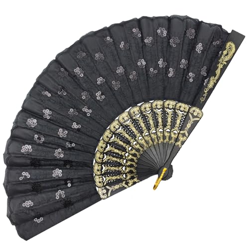 EOSAU Lace Folding Hand Fans for Women Wedding Dancing Decor, Black Sequin