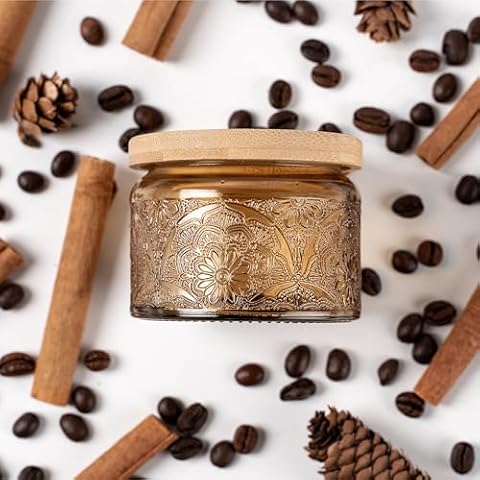 Art Secret 18-Pack 4oz Embossed Glass Candle Container with Bamboo Lids and Labels, Amber Candle Jars for Making Candles, Mandala Design Cover