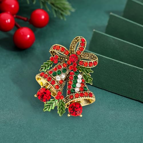 image for FERVENT LOVE Vintage Christmas Bowknot Double Bells Brooch with Green 