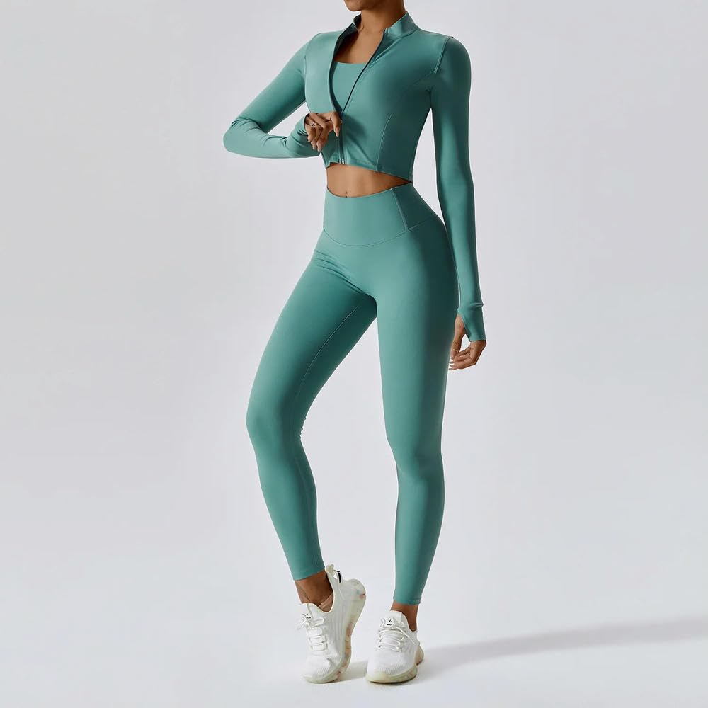 NYSDM 3PCS Yoga Set Donne Allenamento Set Abbigliamento Sportivo Palestra Abbigliamento Fitness Cerniera Manica Lunga Vita Alta Leggings Tute Sportive