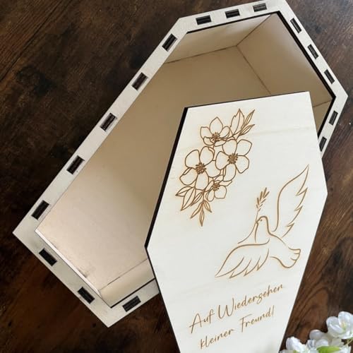 NoriKids Tiersarg aus Holz - Sarg für Haustiere – passend für Hamster, Mäuse o. Vögel – Motiv Taube o. personalisiert mit Name, Botschaft & Motiv – Holzkiste mit Deckel – 34 x 21 x 11 cm