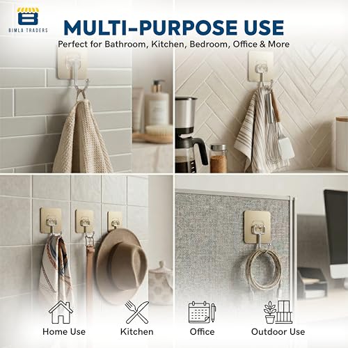 Image of Self Adhesive Long Wall Hooks |No Damage, Easy Installation |Waterproof and Oilproof Stainless Steel Hangers for Bathroom Shower Door Outdoor Home Improvement Utility Hook | (Gold, Pack of 10)