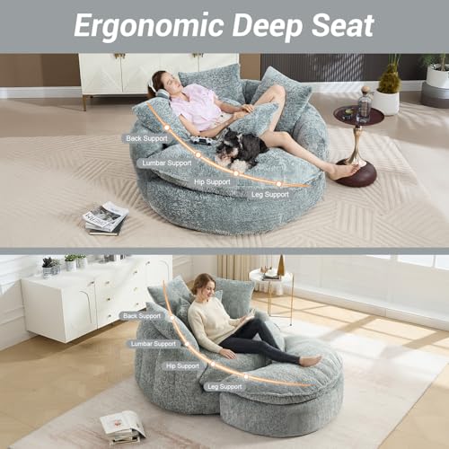Image of 54 inch Round Chaise Lounge with Ottoman Big Bean Bag Round Sofa Bed Oversized Round Couch Boneless Reading Chair Comfy Plush Chenille Large Chaise Chair for Living Room, Apartment, Blue Gray