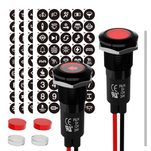 FILN 2個12mm 12-24V自動車用LEDランプ、自動車内装用小型LEDランプ、185個の交換可能符号を搭載、防水信号ランプ、ナビゲータ、ダッシュボード、指向車、電線付きトラック船（赤）