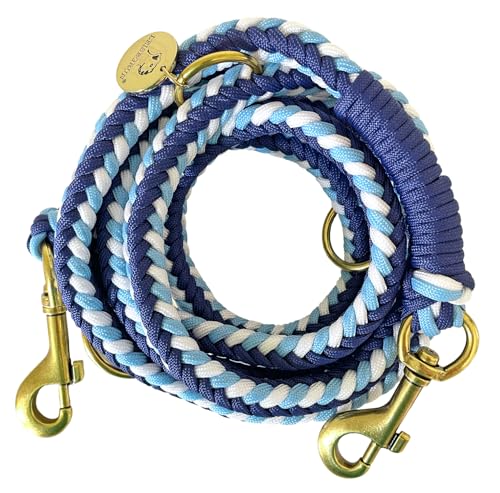 Leisegrün Paracord Hundeleine 2m | Handgefertigte Leine 3-Fach verstellbar | Handmade für kleine und mittelgroße Hunde (Indigo Twist, 2 m) | Farbe: Hellblau-Blau