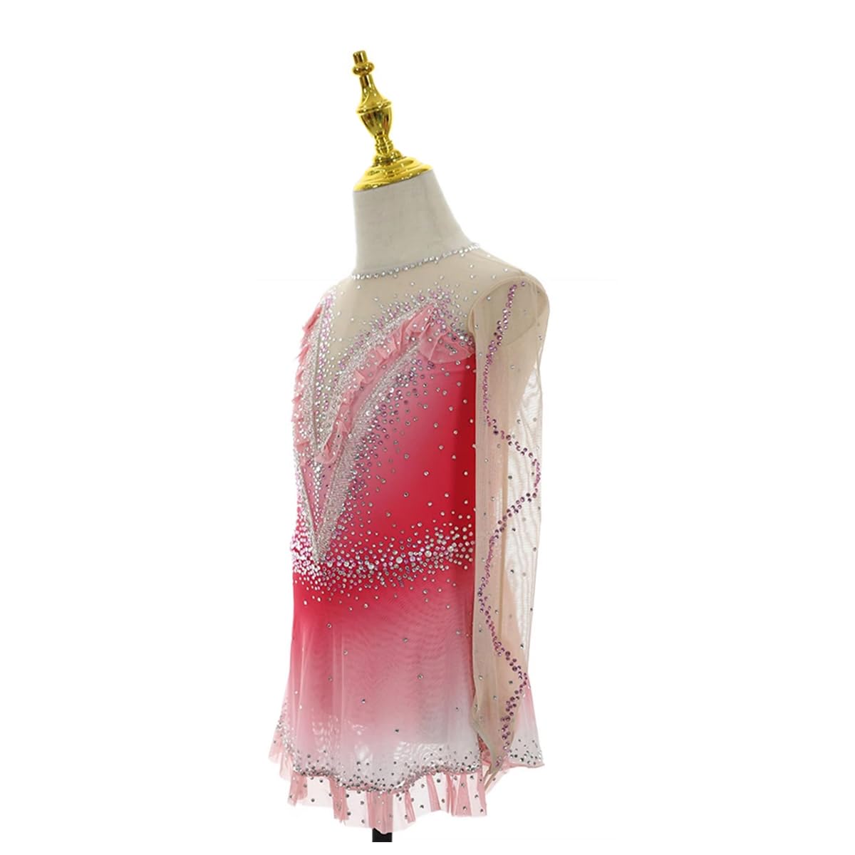 purpleq Glitzer Eiskunstlauf Kleid Damen Rosa Farbverlauf Langarm Kürkleid Strasssteine Ballerina Kleid Latein Tanzkleid Wettbewerb Tanzkostüm Wettbewerb Tanzkostüm