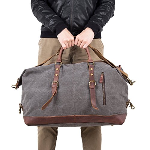 BAOSHA Oversized Canvas PU Leather Travel Tote Duffel Bag Weekender Overnight Bag (Black)