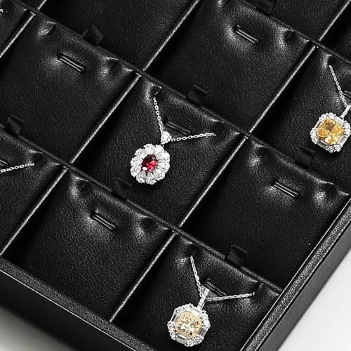 24 Grids Leather Necklace Tray Jewelry Display Tray for Drawers With Removable Jewellery Cards Necklace Pendant Tray (Black)