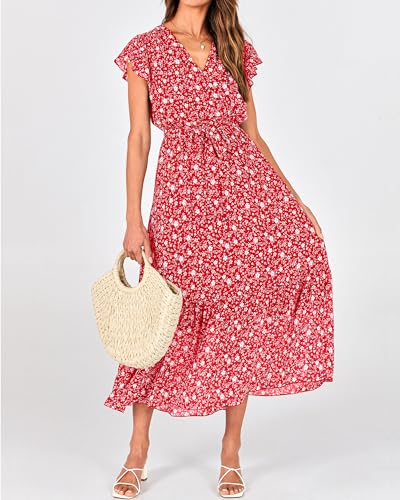 Image of BTFBM Women Summer Bohemian Floral Casual Wrap V Neck Ruffle Cap Sleeveless Belt A-Line Pleated Hem Midi Sun Dress White