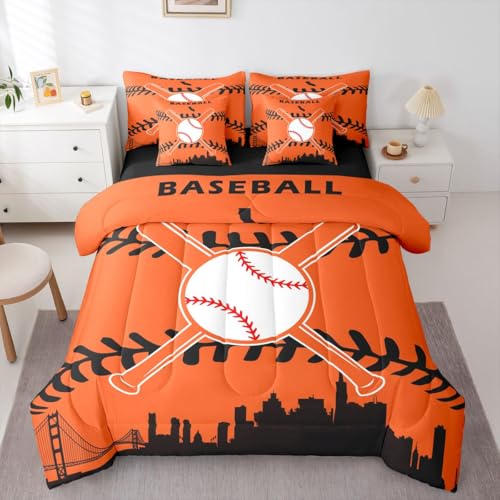 Erosebridal 7 Pcs Comforter Set Queen Size,Baseball Bed in a Bag with Flat Sheet and Fitted Sheet for Kids and Adults,Sports Fan Bedding Set with Pillowcases and Cushion Cases
