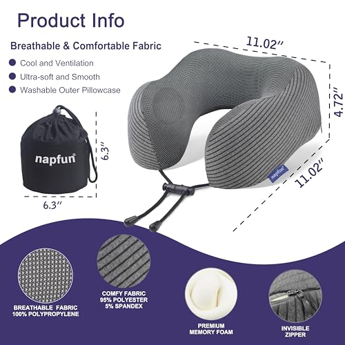 Image of napfun Neck Pillow for Traveling, Upgraded Travel Neck Pillow for Airplane 100% Pure Memory Foam Travel Pillow for Flight Headrest Sleep, Portable Plane Accessories, Dark Gray