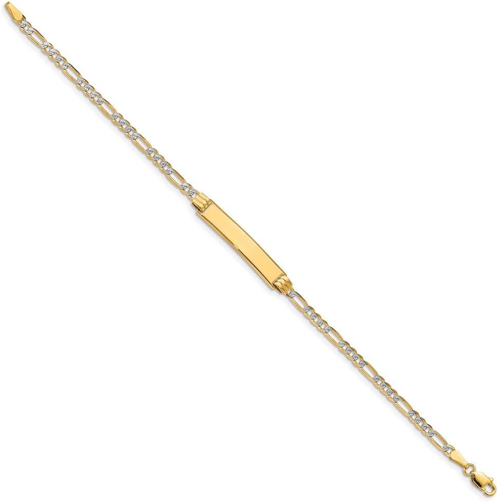 Solid Engravable Personalized Custom 14K Yellow Gold Pave Figaro ID Bracelet For Men or Women Length 7 inches Width 5 mm With Lobster Claw Clasp