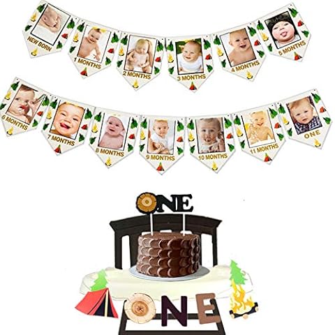 LaVenty 3 PCS Camping First Birthday Party Decor One Happy Camper Party Decor Camping 12 months photo banner Lumberjack Party Decor One Happy Camper Banner Cover