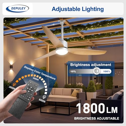 Image of Depuley 52-Inch Ceiling Fans with Lights: Outdoor Waterproof Ceiling Fan for Patios - Plug in Gazebo Fans with Remote Control - Low Profile Outdoor Fan 3 CCT DC Motor for Pergola Porch - Wood Color
