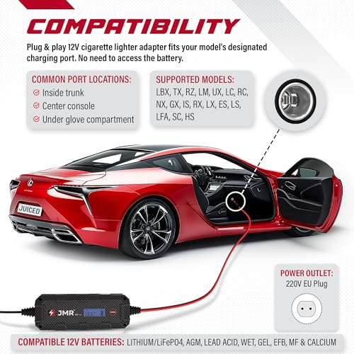 JMR Battery Charger for Lexus LBX TX RZ LM UX LC RC NX GX is RX LX ES LS LFA SC HS All Models Trickle Charger Conditioner Maintainer (Add Lithium Mode)