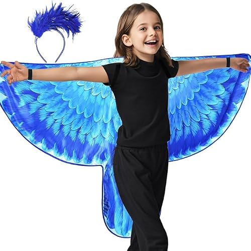 Double-Sided Bird-Costume Parrot Wings and Headband for Kids 3-9Y (Blue)