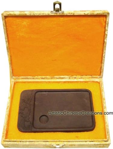 Chinese Art Supplies/Chinese Calligraphy Supplies/Chinese Ink Stones: Carved Chinese Duan Ink Stone in Silk Box - Bird & Plum Blossom