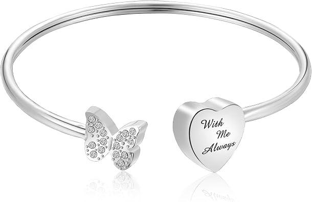 XIUDA Urn Bracelet for Human Ashes Butterfly Heart Ash Bracelet for Women Stainless Steel Openable Cuff Bangle Cremation Bracelet - Always in My Heart